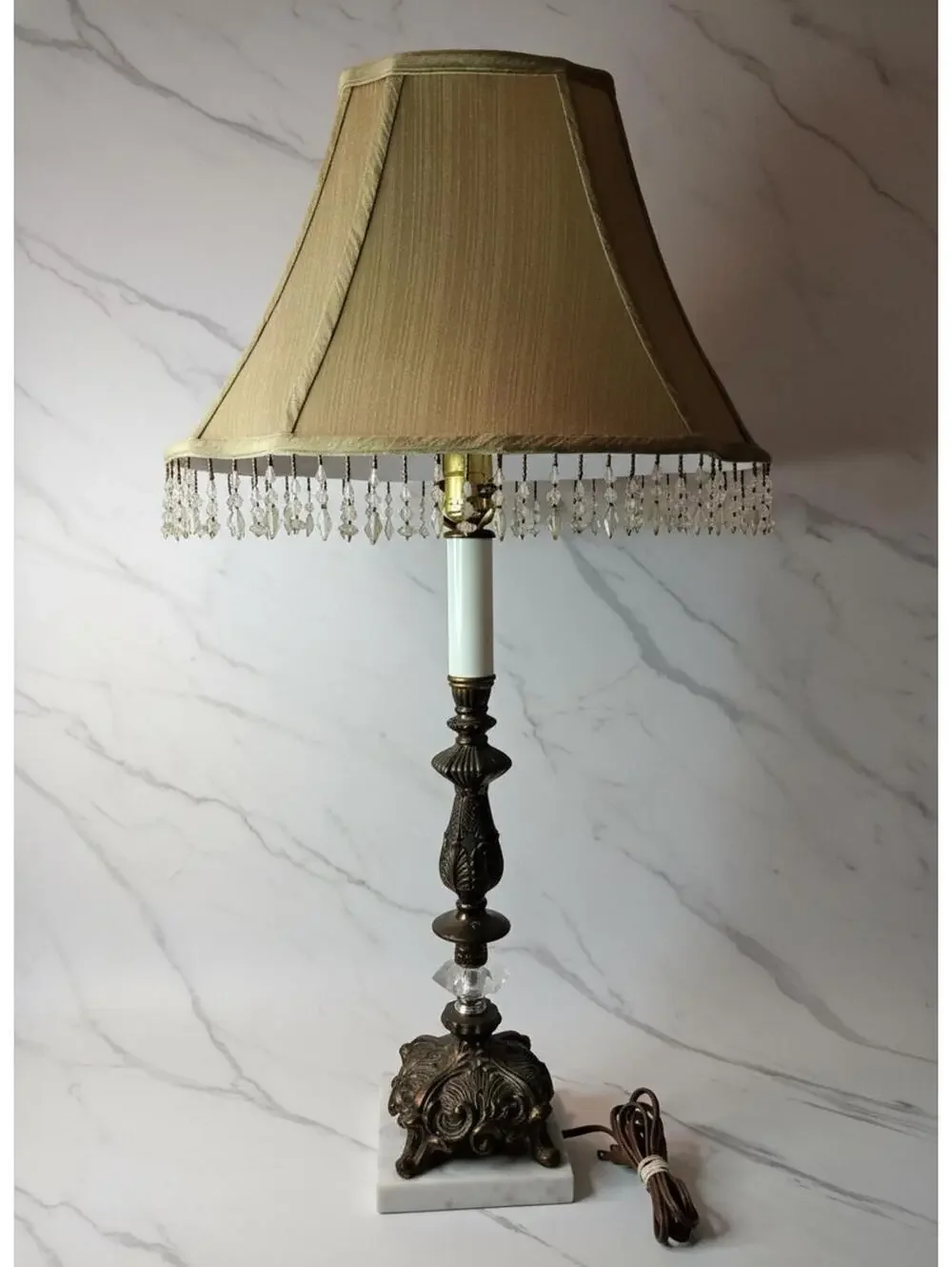 Vintage Brass Marble Claw Foot Table Lamp with Beaded Fringe Shade